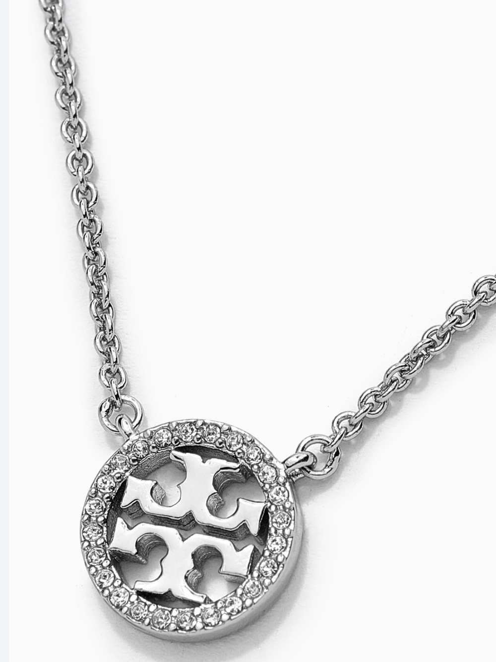 Tory Burch Silver Crystal Logo Medallion Necklace